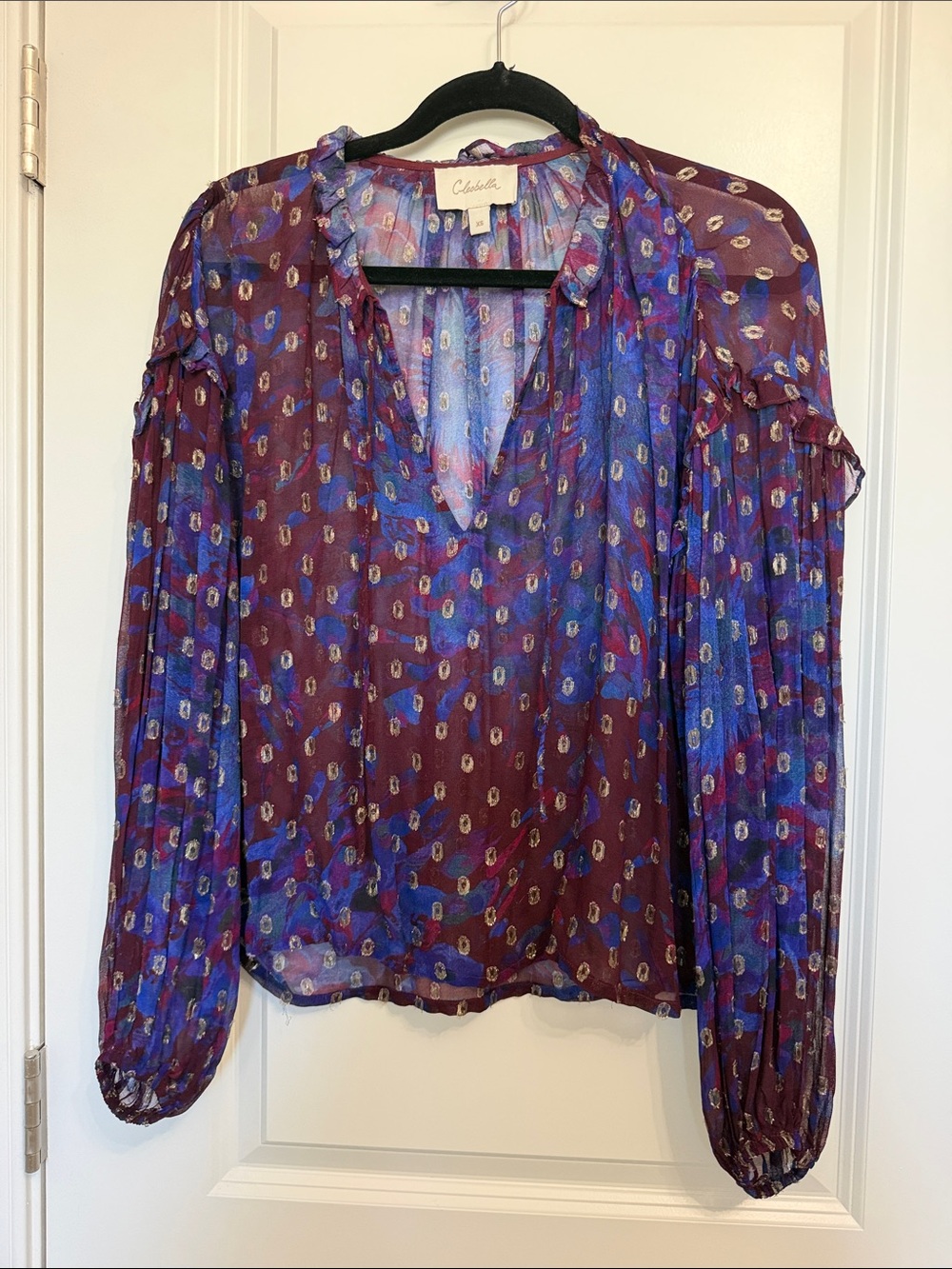 Cleobella Dara Confetti Metallic Sheer Blouse Purple Blue XS